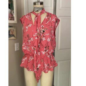 NY&Co. SOHO Coral floral Smocked Waist tied neck blouse tunic Shirt *SMALL*